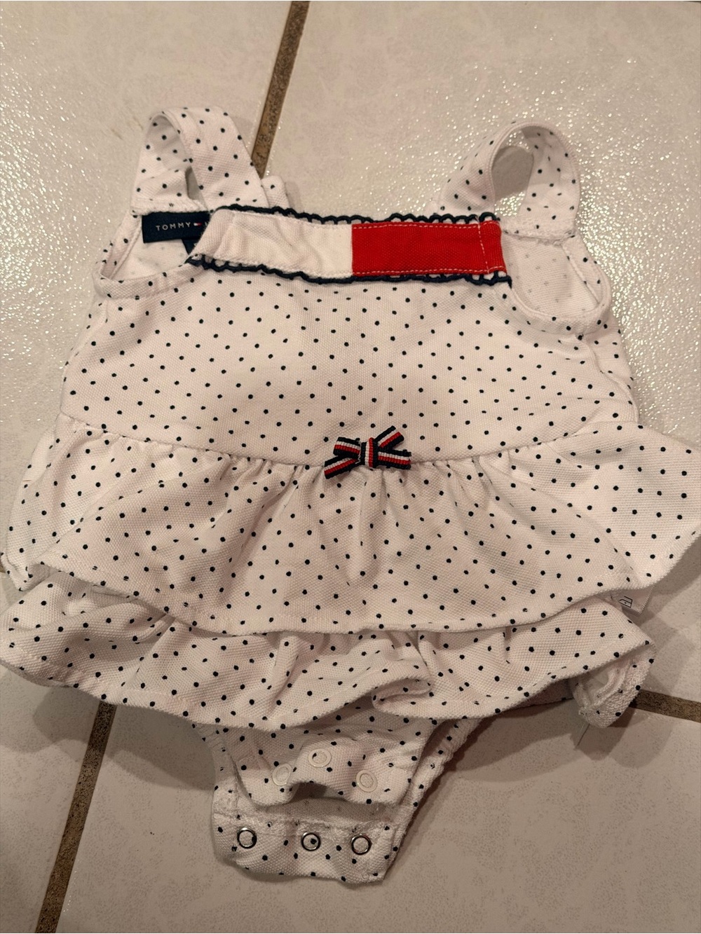 Tommy Hilfiger White Polka Dot Ruffle Baby One-Piece with Red Accent